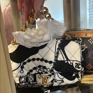 Chanel black white flap bag top handle and crossbody